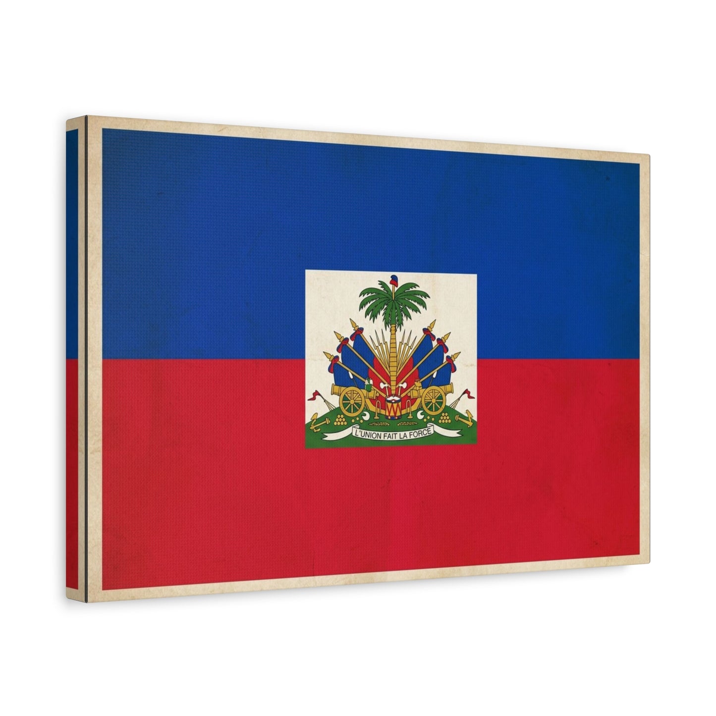 Haiti Flag Canvas Wall Art - Haitian Flag Print With Coat Of Arms, Patriotic Blue Red Banner - Framed Look Matte Canvas - Living Room Wall Decor, Bedroom Home Decoration - Bedroom Home Decoration