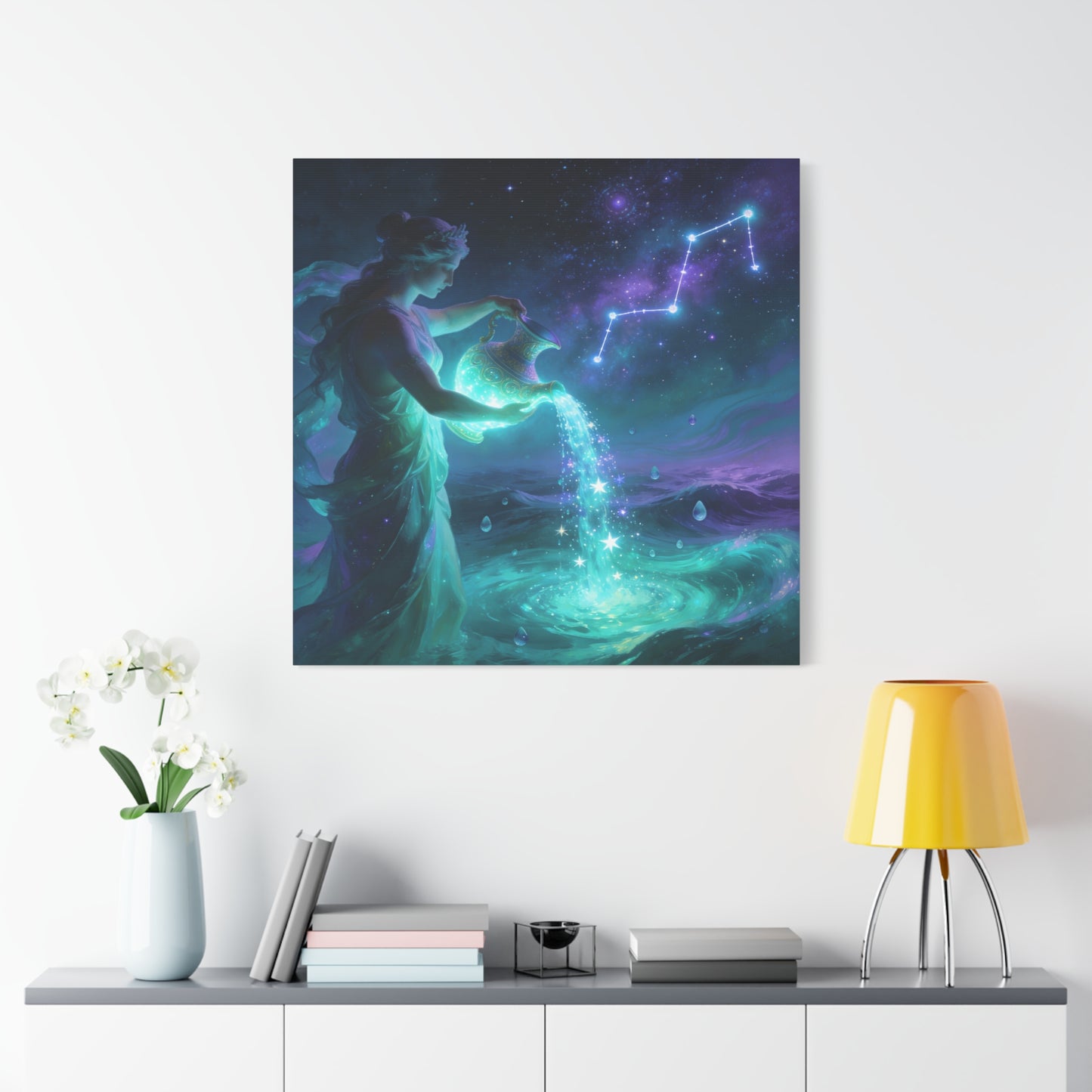Aquarius Goddess Canvas Wall Art - Zodiac Water Bearer Celestial Galaxy Illustration - Mystical Purple Blue Fantasy Decor - Bedroom Home Decoration, Living Room Wall Decor - Bedroom Home Decoration