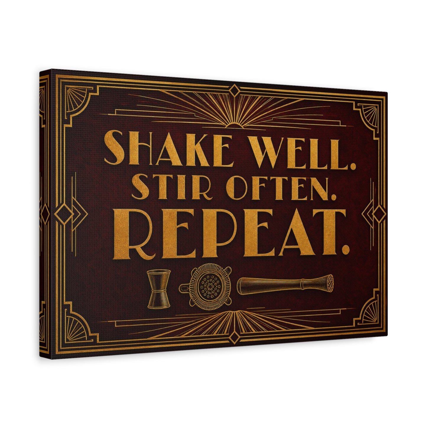"Shake Well. Stir Often. Repeat." Cocktail Canvas Wall Art - Art Deco Bar Quote Print, Vintage Gold Typography, Speakeasy Lounge Decor, Home Bar Decoration - Ready to Hang - Tavern Wall Decor