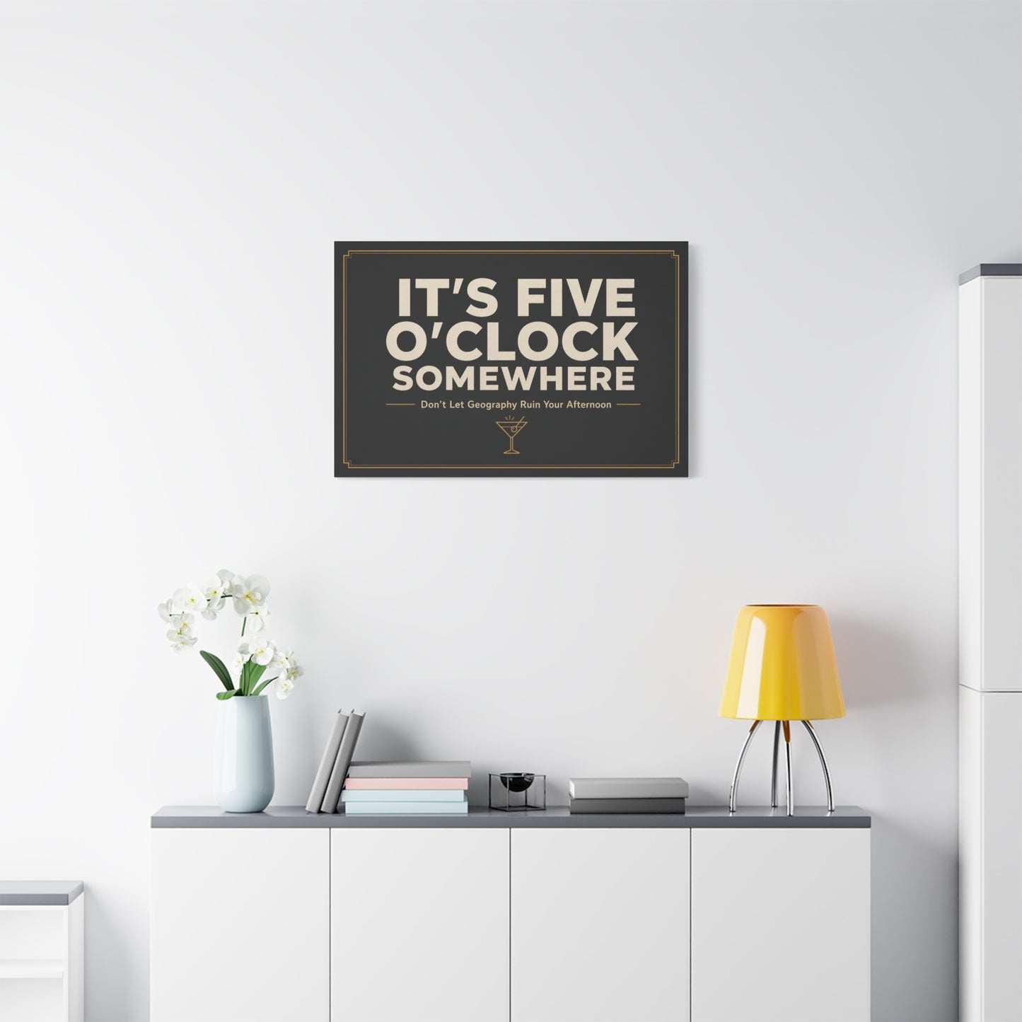 "It's Five O'Clock Somewhere" Typography Canvas Wall Art - Funny Cocktail Quote Decor, Black And Gold Minimalist Bar Cart Lounge Accent - Ready to Hang - Pub Wall Art - Cocktail Lounge Decor