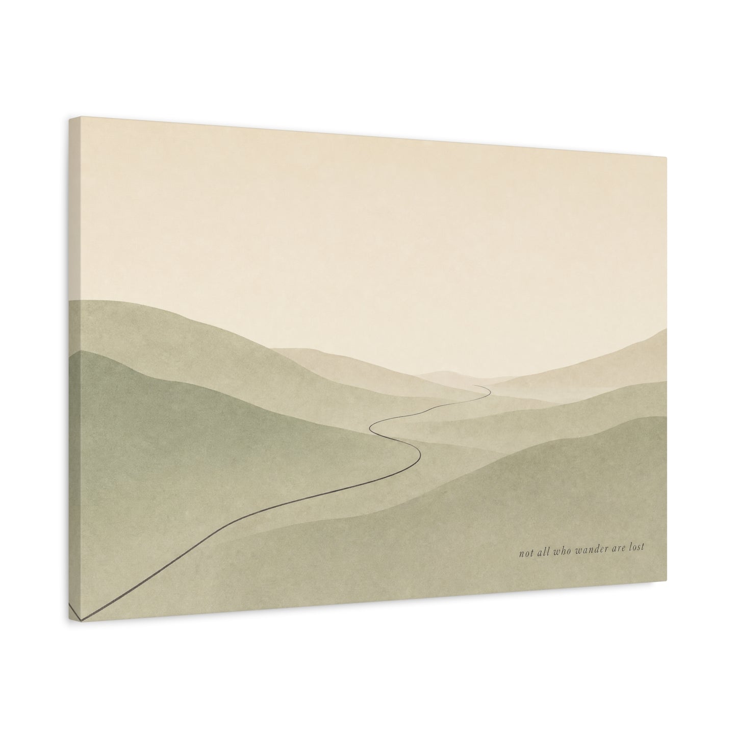"Not All Who Wander Are Lost" Minimalist Landscape Canvas Wall Art - Misty Hills, Winding Path, Neutral Sage Beige Tones - Modern Wall Decor For Bedroom, Living Room, Home Office - Ready to Hang