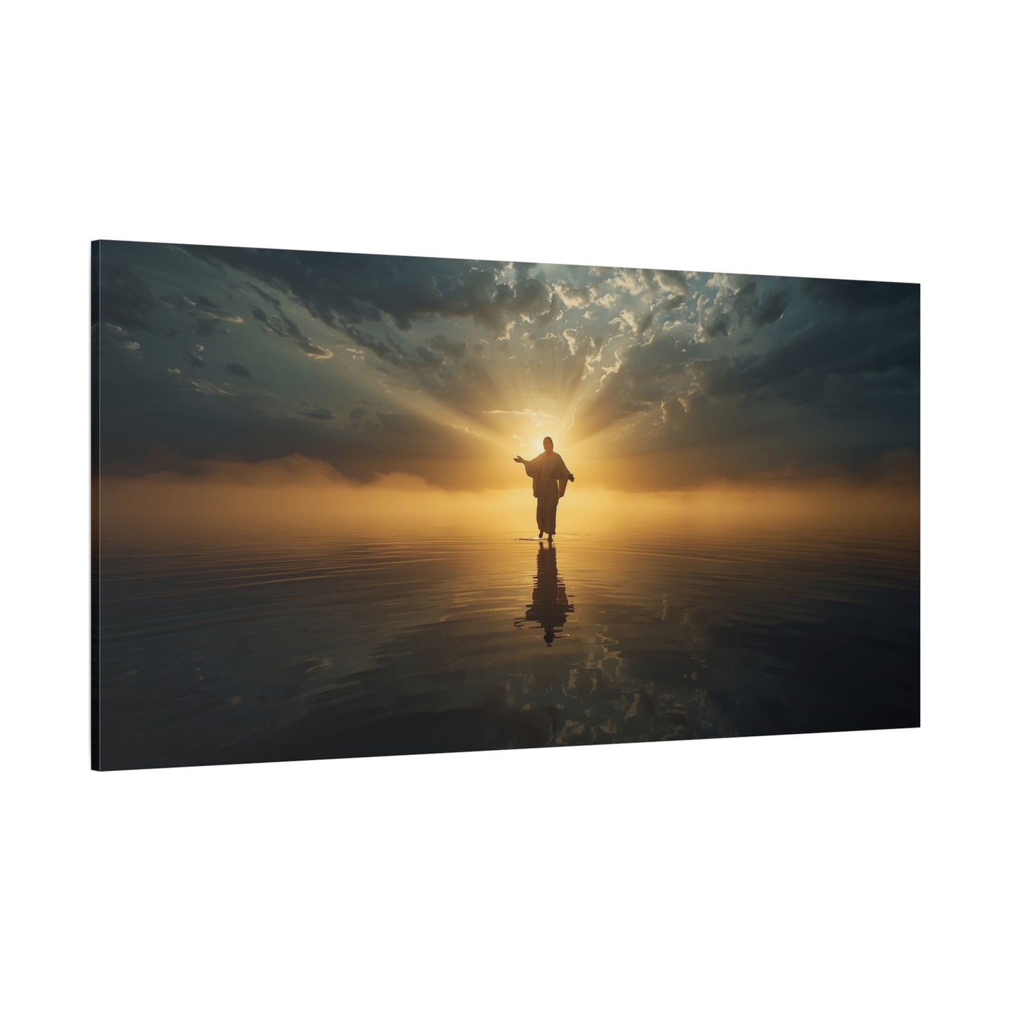 Jesus Christ Canvas Wall Art - Walking On Water At Sunrise, Dramatic Sky Reflection - Matte Cotton Print - Religious Home Decor For Living Room, Bedroom, Office Wall Accent - Bedroom Home Decoration