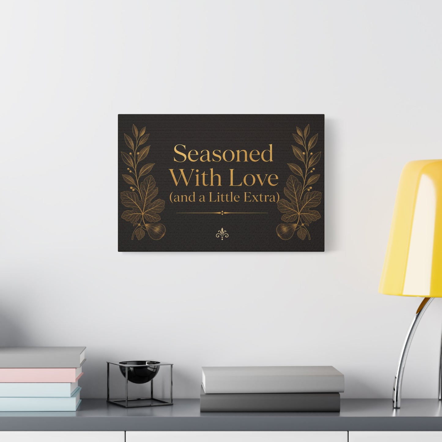 "Seasoned With Love (and a Little Extra)" Typography Canvas Wall Art - Black And Gold Kitchen Quote Decor, Vintage Botanical Cooking Wall Hanging, Dining Room Home Decoration - Bedroom Home Decoration