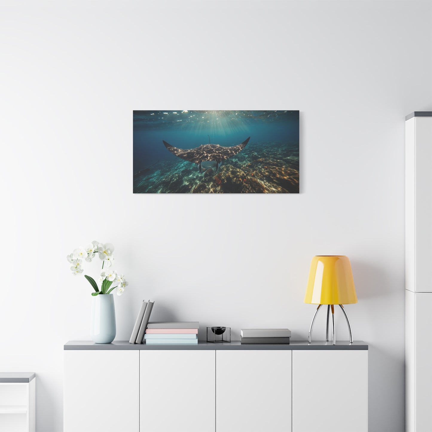 Manta Ray Canvas Wall Art - Underwater Ocean Art Print, Blue Coral Reef Seascape - Matte Cotton Canvas Print - Coastal Wall Decor, Living Room Home Decoration, Office Art - Bedroom Home Decoration