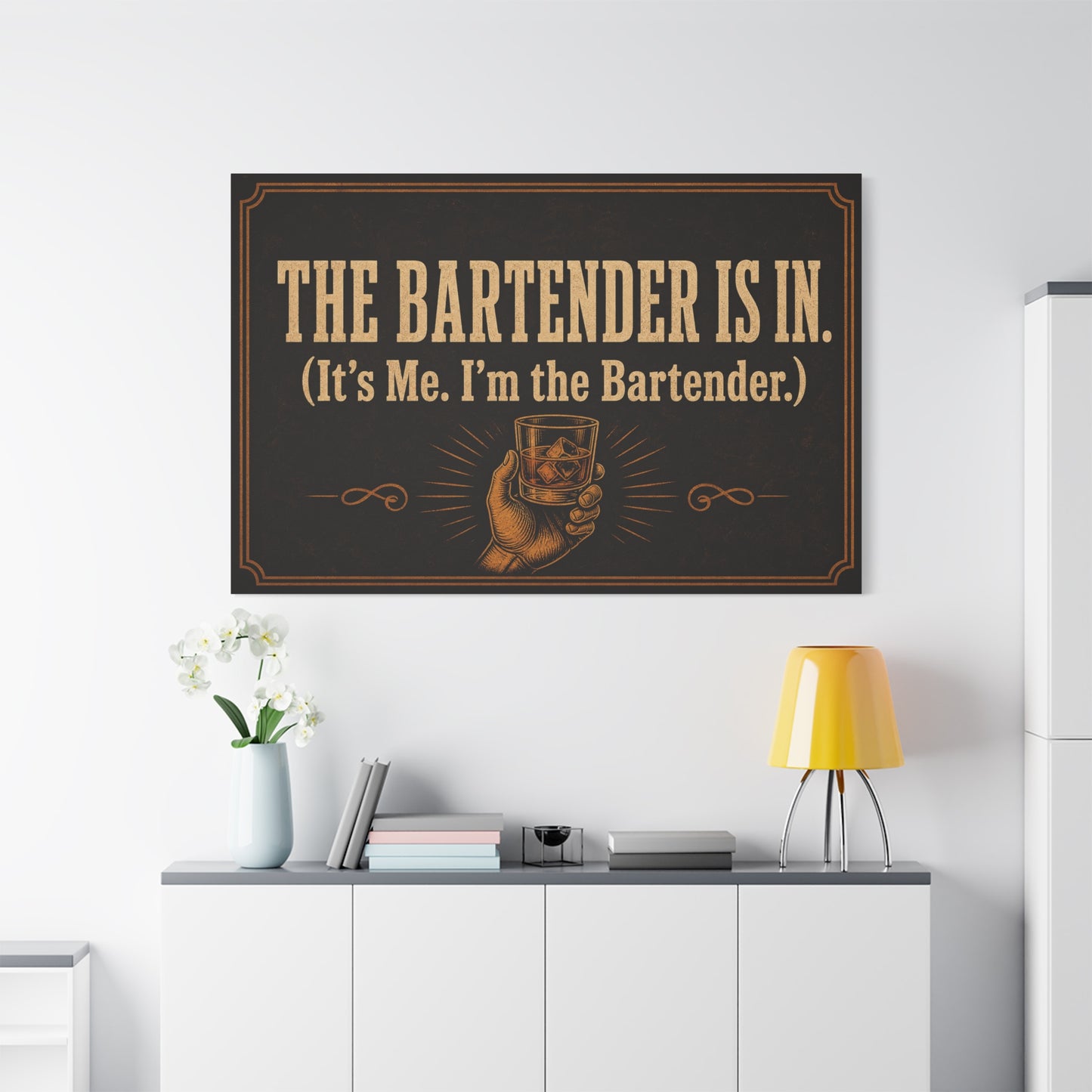 "The Bartender Is In. (It's Me. I'm the Bartender.)" Canvas Wall Art - Vintage Bar Quote Decor, Rustic Typography Print, Speakeasy Style Wall Hanging, Lounge, Home Bar - Ready to Hang - HP Latex Print