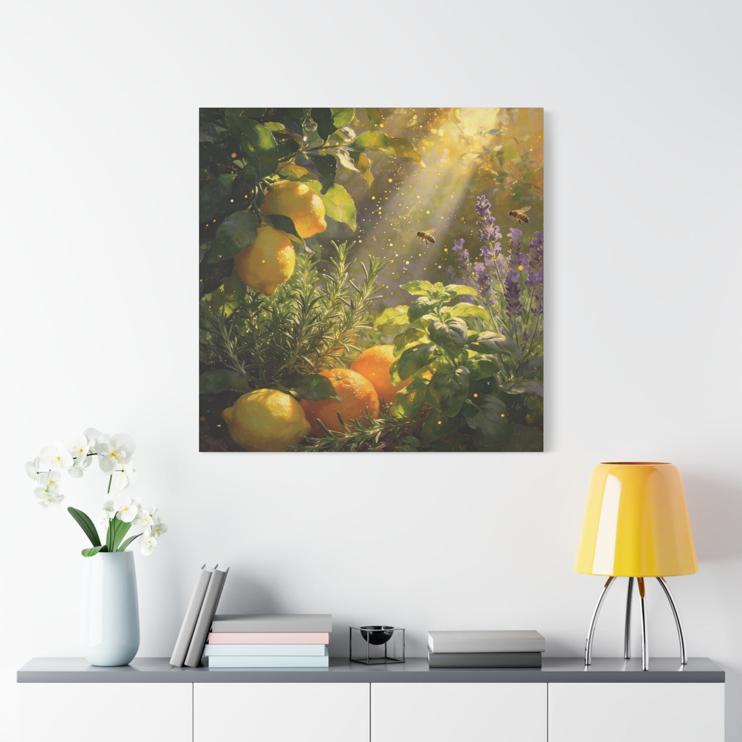 Lemon Herb Garden Canvas Wall Art - Bees, Lavender, Rosemary, Sunlit Botanical Painting - Matte Cotton Print, Rustic Farmhouse Style - Kitchen Wall Decor, Dining Room Accent - Bedroom Home Decoration