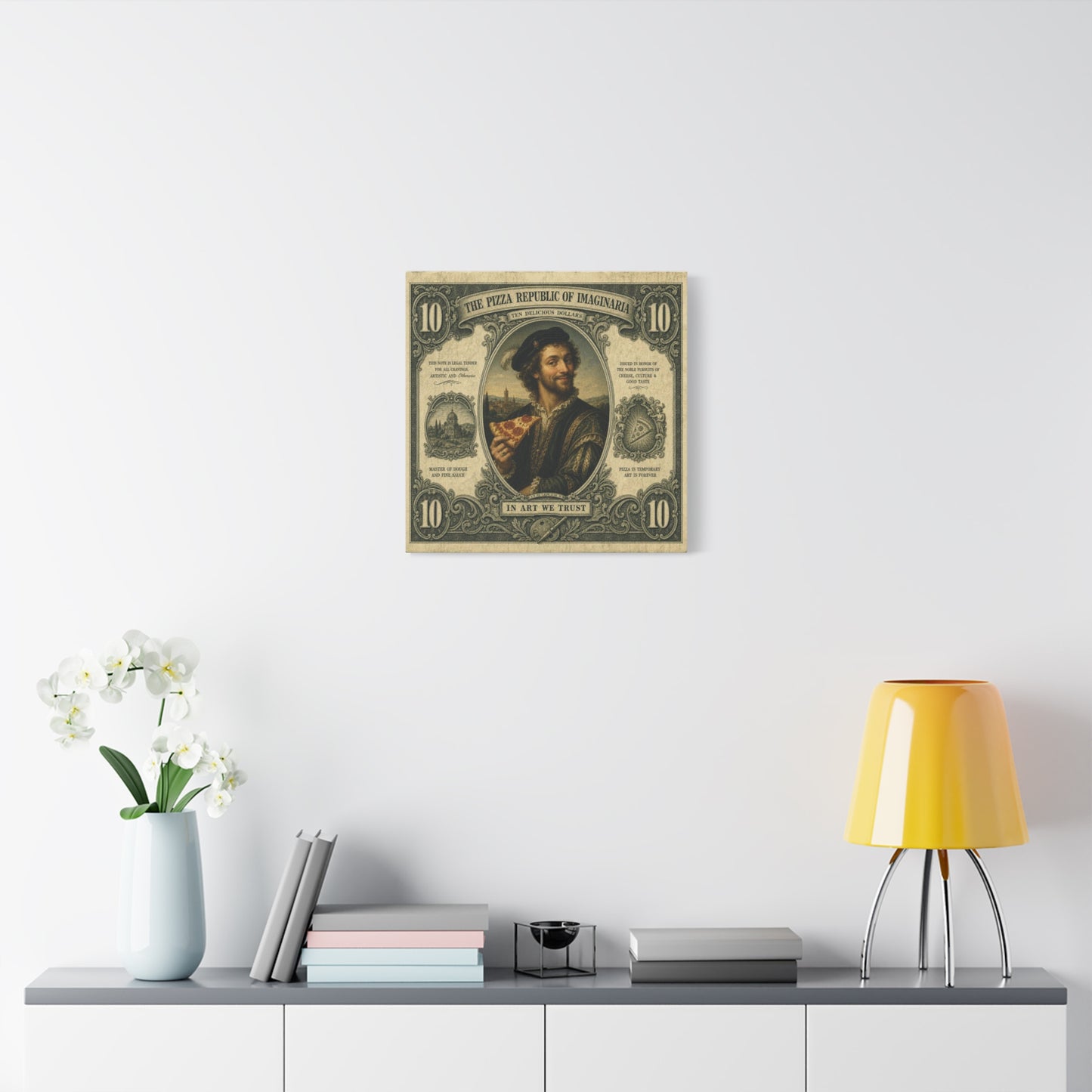 "The Pizza Republic Of Imaginaria" Canvas Wall Art - Vintage Typography Portrait Print, Renaissance Pizza Note Design, Eclectic Office Wall Decor, Cafe Wall Art, Humor Canvas - Reception Area Decor