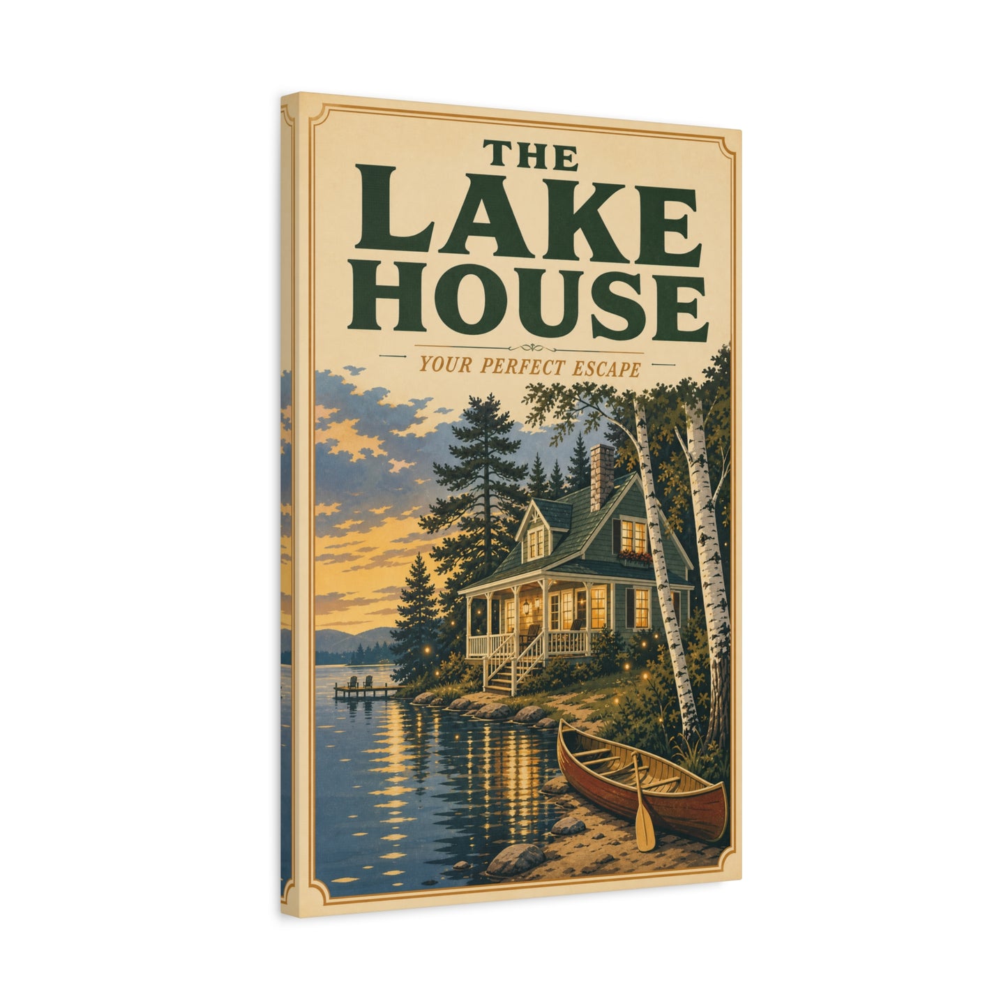 "The Lake House Your ideal Escape" Canvas Wall Art - Vintage Lakeside Cabin, Canoe And Birch Trees - Rustic Landscape Print - Living Room Wall Decor, Cabin Home Decoration - Bedroom Home Decoration