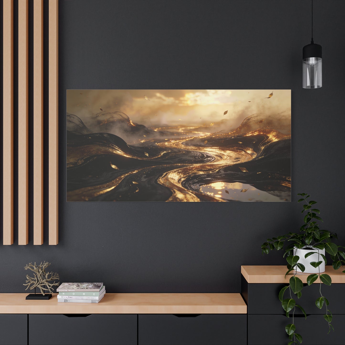 Abstract Gold River Canvas Wall Art - Luminous Flowing Landscape, capiz shells wall decor - Matte Cotton Print, Contemporary Style - Living Room Wall Decor, Bedroom Home Decoration - Ready to Hang