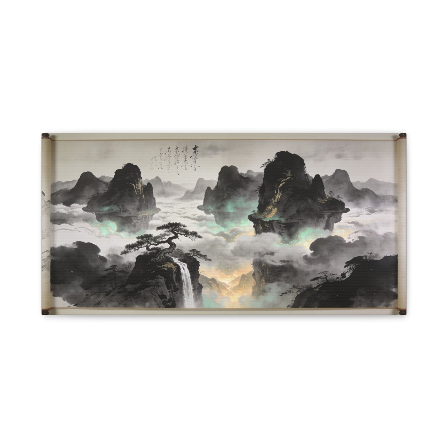 Chinese Ink Landscape Canvas Wall Art - Misty Mountain Scroll Painting, Cloud Sea Waterfall, Calligraphy Detail - Contemporary Zen Style - Living Room Wall Decor, Bedroom Home Accent - Ready to Hang