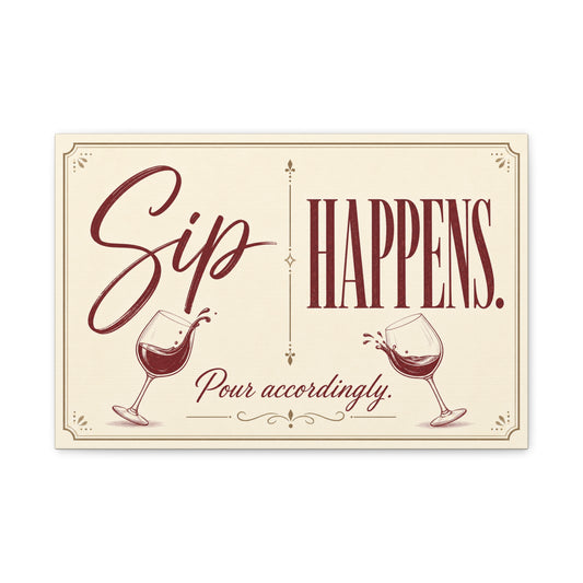 "Sip Happens. Pour Accordingly." Wine Quote Canvas Wall Art - Vintage Typography Bar Decor, Rustic Wall Hanging - Modern Farmhouse Style - Cocktail Lounge Decor - Speakeasy Style Sign - Ready to Hang