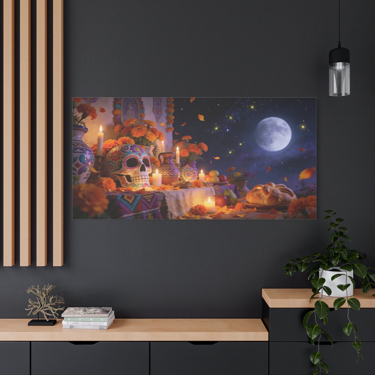 Day Of The Dead Altar Canvas Wall Art - Sugar Skull, Marigolds, Candles, Full Moon - Traditional Folk Style - Living Room Wall Decor, Dining Room Accent, Bedroom Home Decoration - Ready to Hang