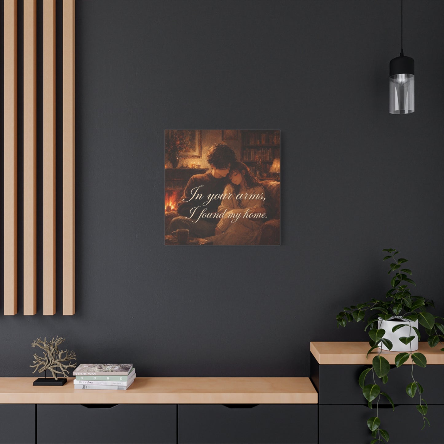 "In Your Arms, I Found My Home" Romantic Couple Canvas Wall Art - Cozy Fireplace Library Scene, Warm Vintage Style - Bedroom Home Decoration, Living Room Accent - Ready to Hang - Office Wall Art