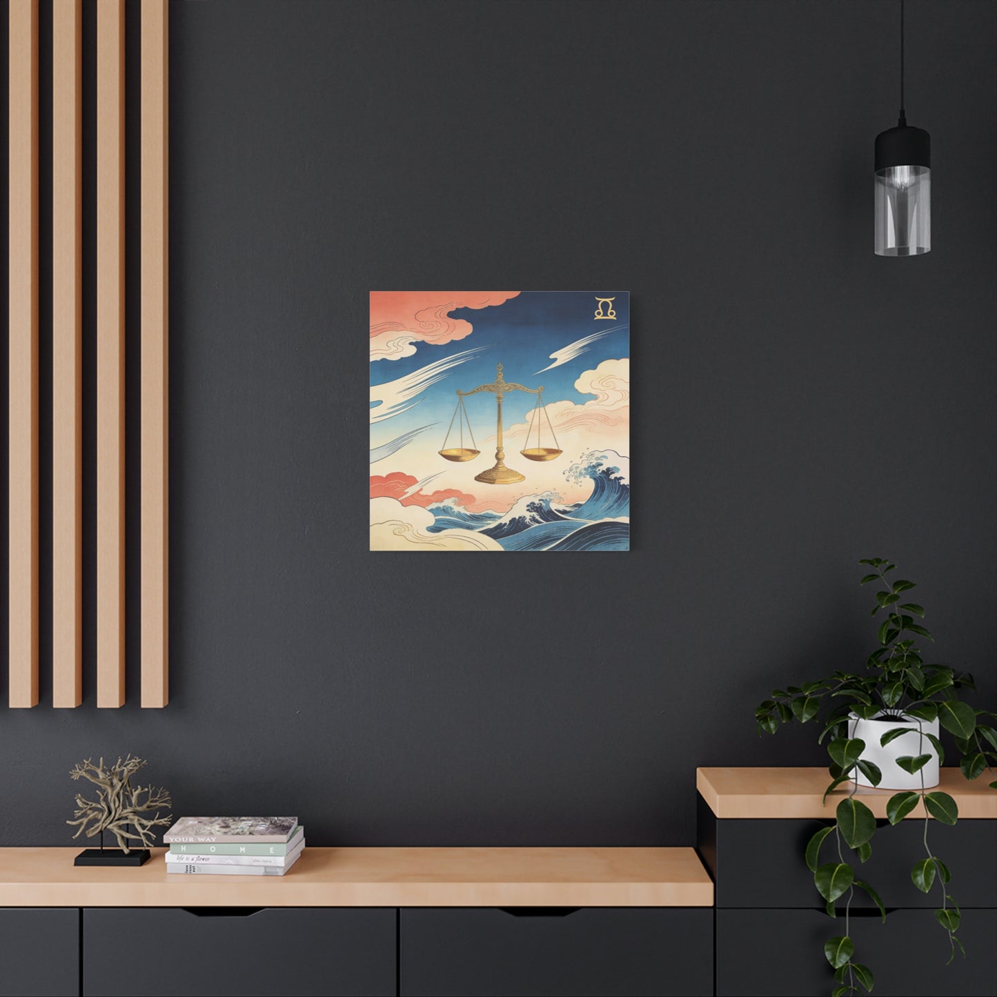 Libra Zodiac Canvas Wall Decor - Vintage Japanese Wave Scales Illustration - Celestial Astrology Print, Gold Balance Symbol, Traditional Style, Bedroom Home Decoration - Living Room Wall Decor