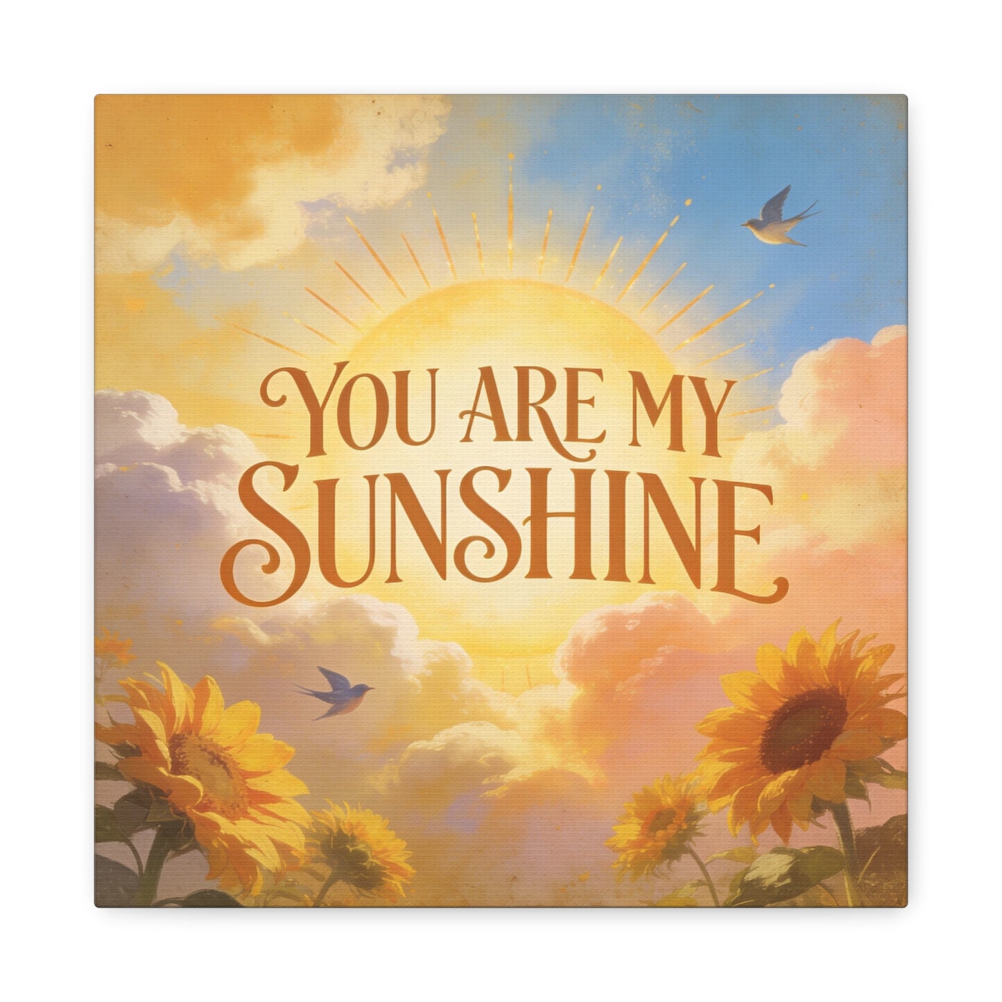"You Are My Sunshine" Sunflower Canvas Wall Art - Vintage Typography Sky, Birds - Inspirational Farmhouse Style - Living Room Wall Decor, Bedroom Home Decoration, Office Art Accent - Ready to Hang