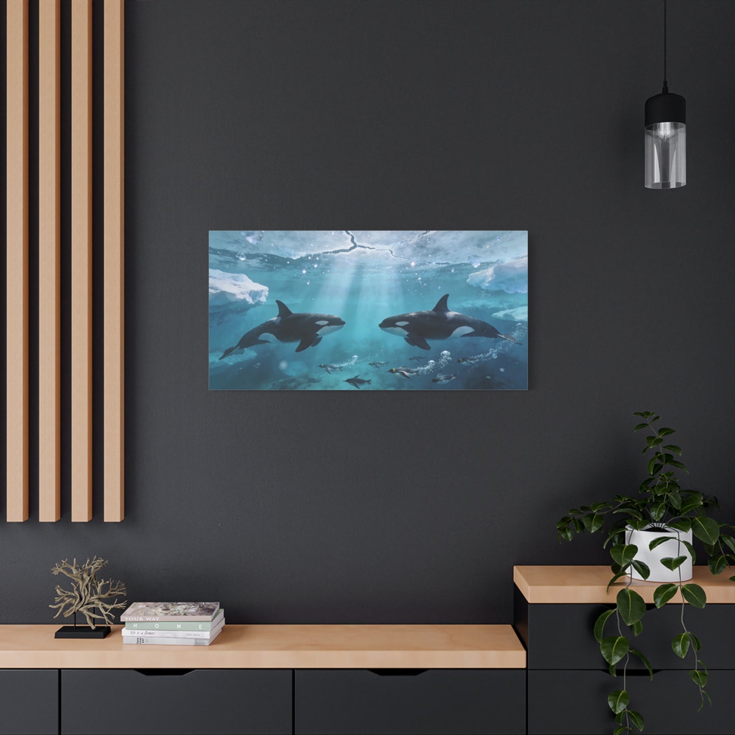 Orca Whale Canvas Wall Art - Arctic Ocean Underwater Scene, Penguins, Sea Ice - Coastal Wildlife Decor - Matte Canvas Print - Living Room Wall Decor, Bedroom Home Decoration - Bedroom Home Decoration