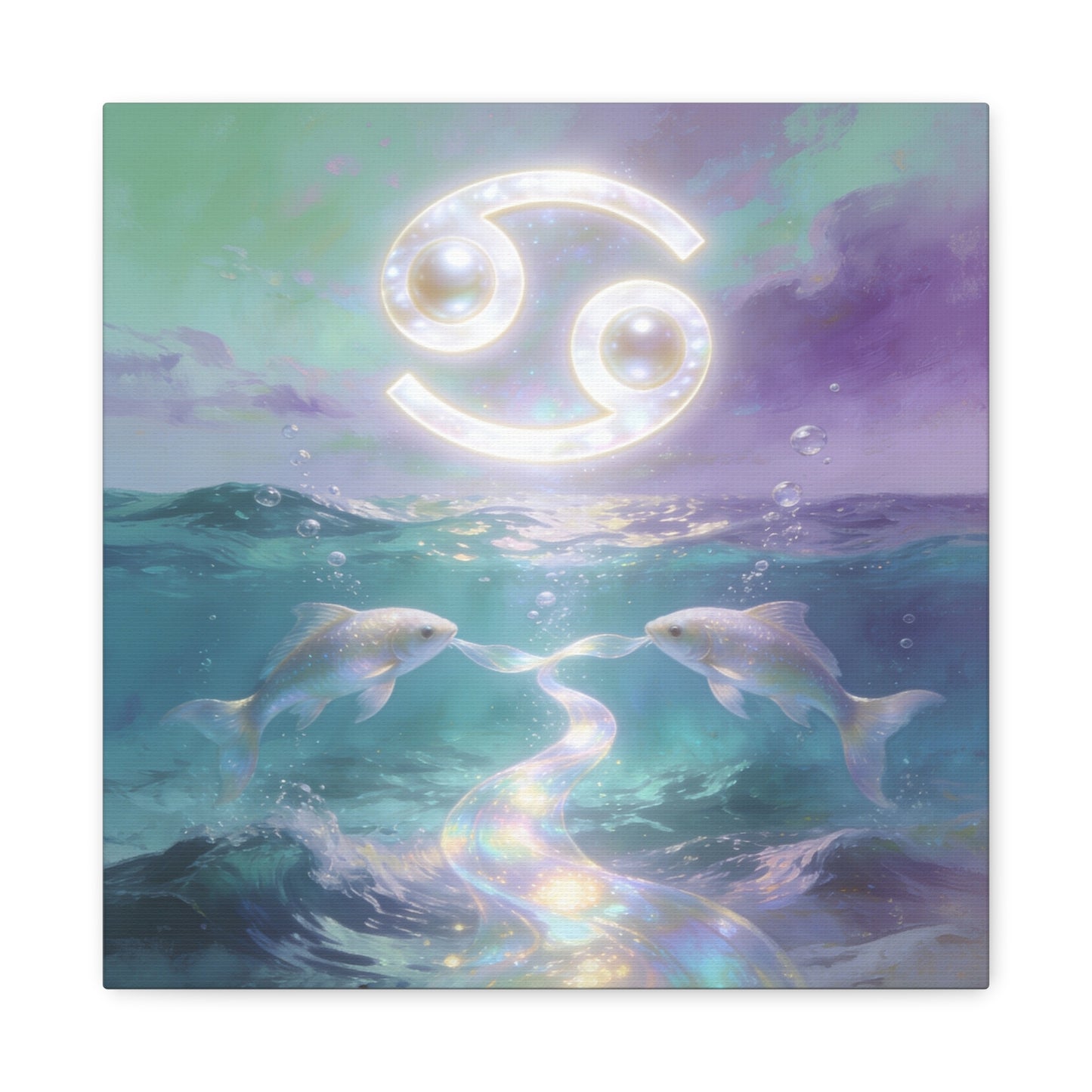 Cancer Zodiac Canvas Wall Art - Two Pearl Fish Ocean Illustration, Celestial Astrology Decor - Iridescent Matte Canvas Print - Mystical Coastal Style For Bedroom Living Room - Living Room Wall Decor
