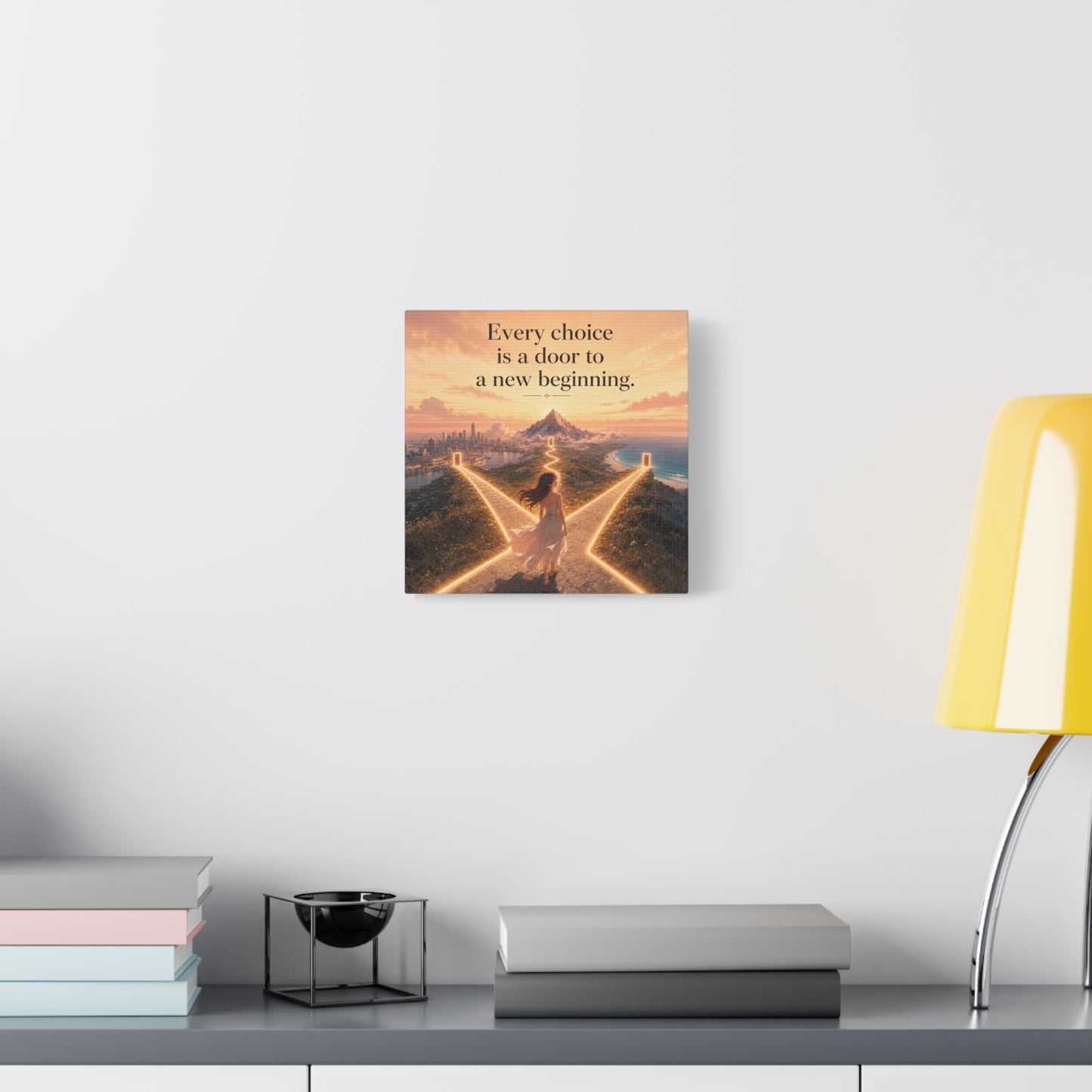 "Every Choice Is A Door To A New Beginning." Inspirational Canvas Wall Art - Woman At Glowing Crossroads Path, Mountain And Coast Dreamscape - Modern Typography Decor For Bedroom Office