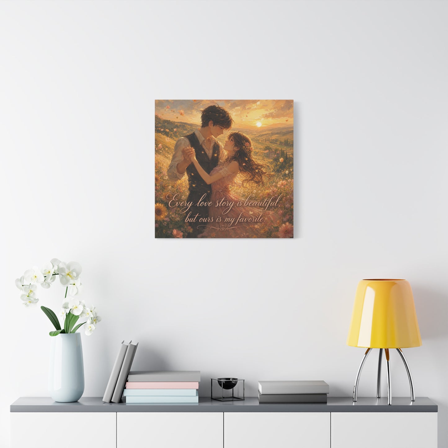 "Every Love Story Is Beautiful, But Ours Is My Favorite" Romantic Couple Canvas Wall Art - Golden Sunset Wildflower Field - Dreamy Rustic Style - Bedroom Wall Decor - Ready to Hang - Ready to Hang