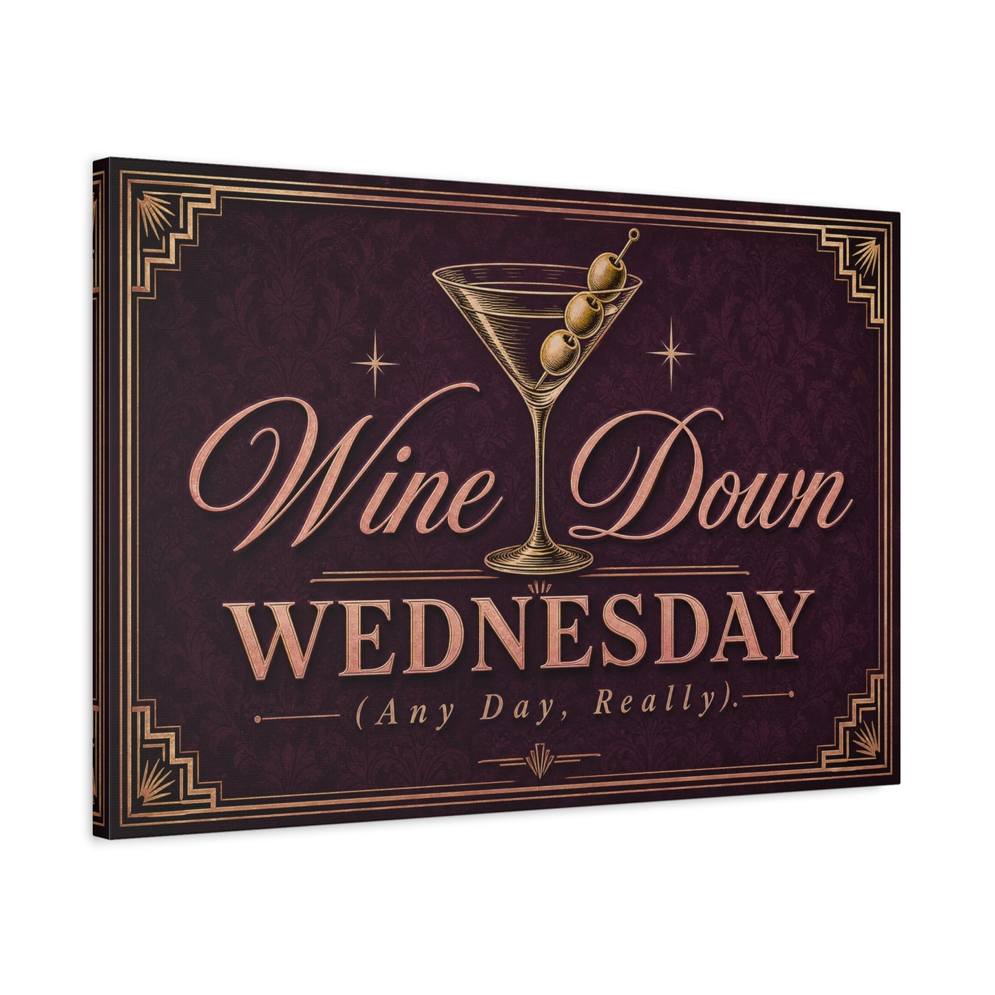 "Wine Down Wednesday (Any Day, Really)." Martini Canvas Wall Art - Vintage Cocktail Typography Decor - Art Deco Style, Matte Canvas Print - Bar Cart Wall Decor - Ready to Hang - Ready to Hang