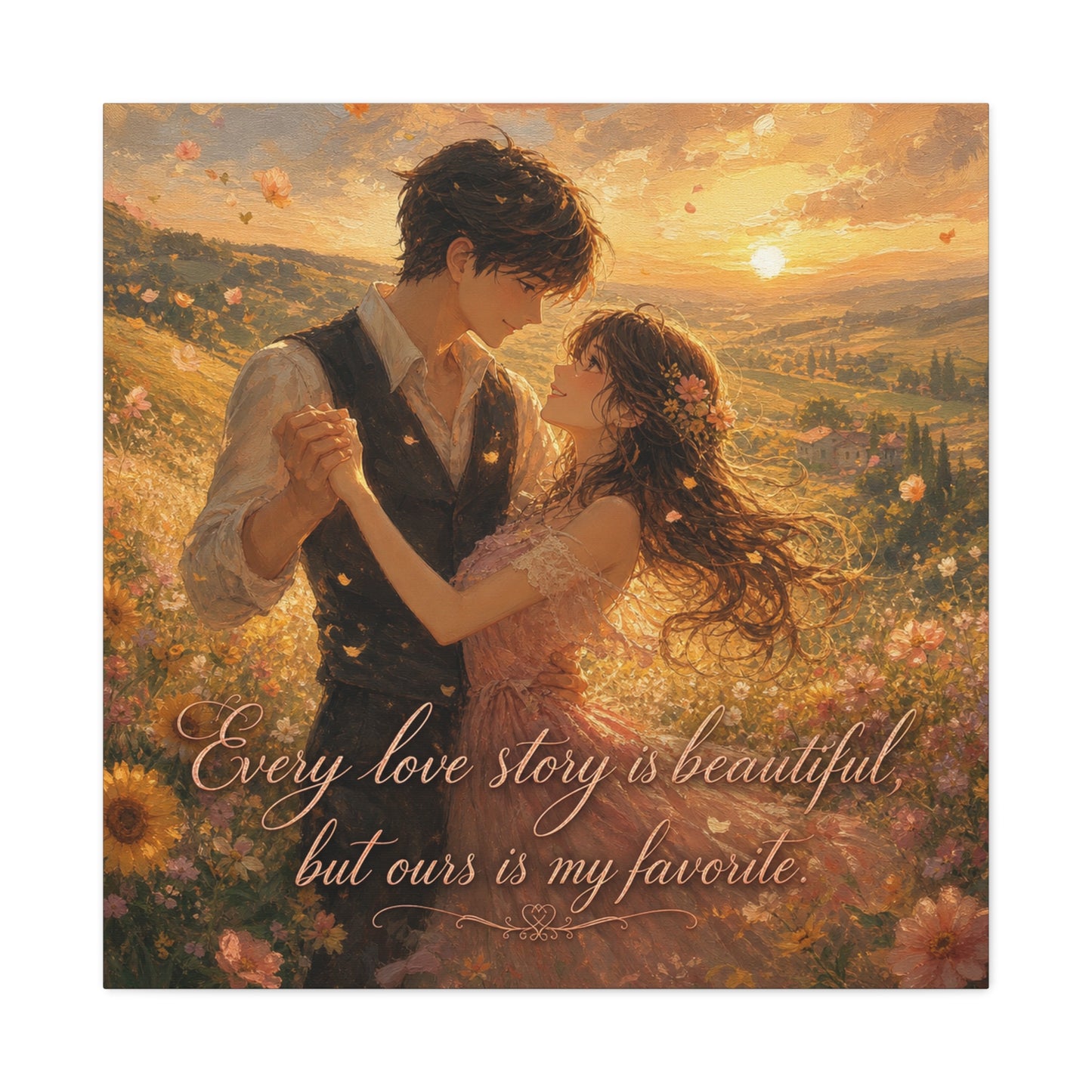 "Every Love Story Is Beautiful, But Ours Is My Favorite" Romantic Couple Canvas Wall Art - Golden Sunset Wildflower Field - Dreamy Rustic Style - Bedroom Wall Decor - Ready to Hang - Ready to Hang