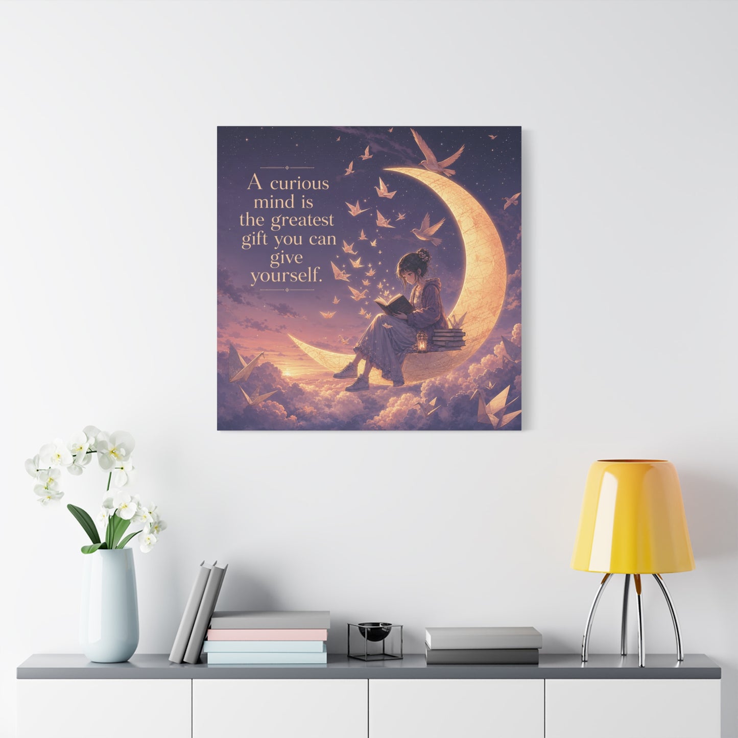 "A Curious Mind Is The Greatest You Can Give Yourself" Canvas Wall Art - Moon Reading Girl Quote Print, Dreamy Celestial Illustration - Bedroom Wall Decor, Home Office Accent - Ready to Hang