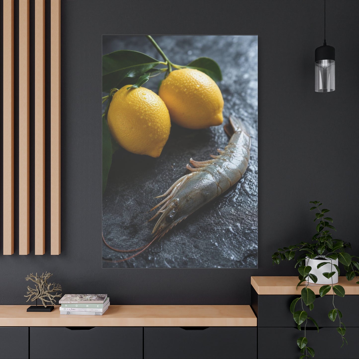 Lemon And Shrimp Canvas Wall Art - Still Life Food Art Print, Moody Kitchen Decor - Matte Cotton Art Print - Contemporary Dining Room Accent, Coastal Restaurant Wall Decor - Bedroom Home Decoration