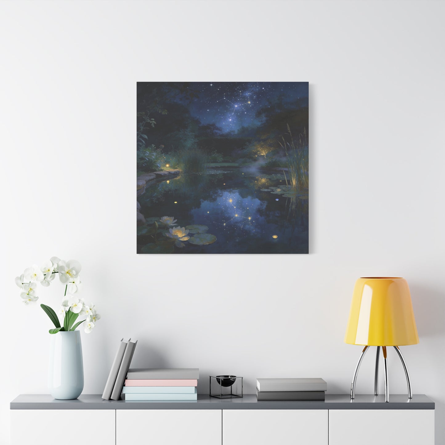 Starry Night Pond Canvas Wall Art - Moonlit Water Lilies, Celestial Reflection Landscape - Dreamy Matte Canvas Print - Traditional Nightscape Style - Living Room Wall Decor Bedroom Home Accent