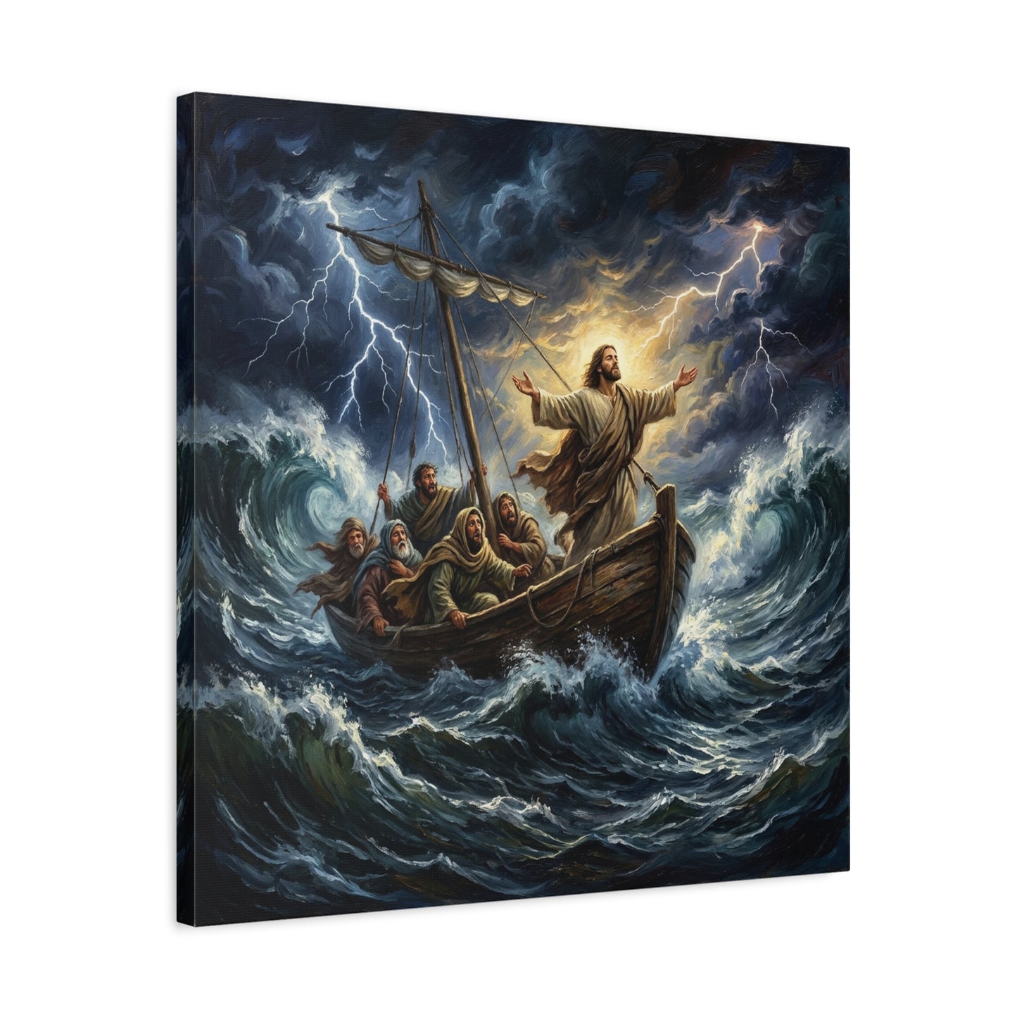 Jesus Calming The Storm Canvas Wall Art - Bible Boat Sea Scene, Dramatic Lightning Waves - Cotton Matte Print - Traditional Religious Decor For Living Room Office Bedroom - Living Room Wall Decor
