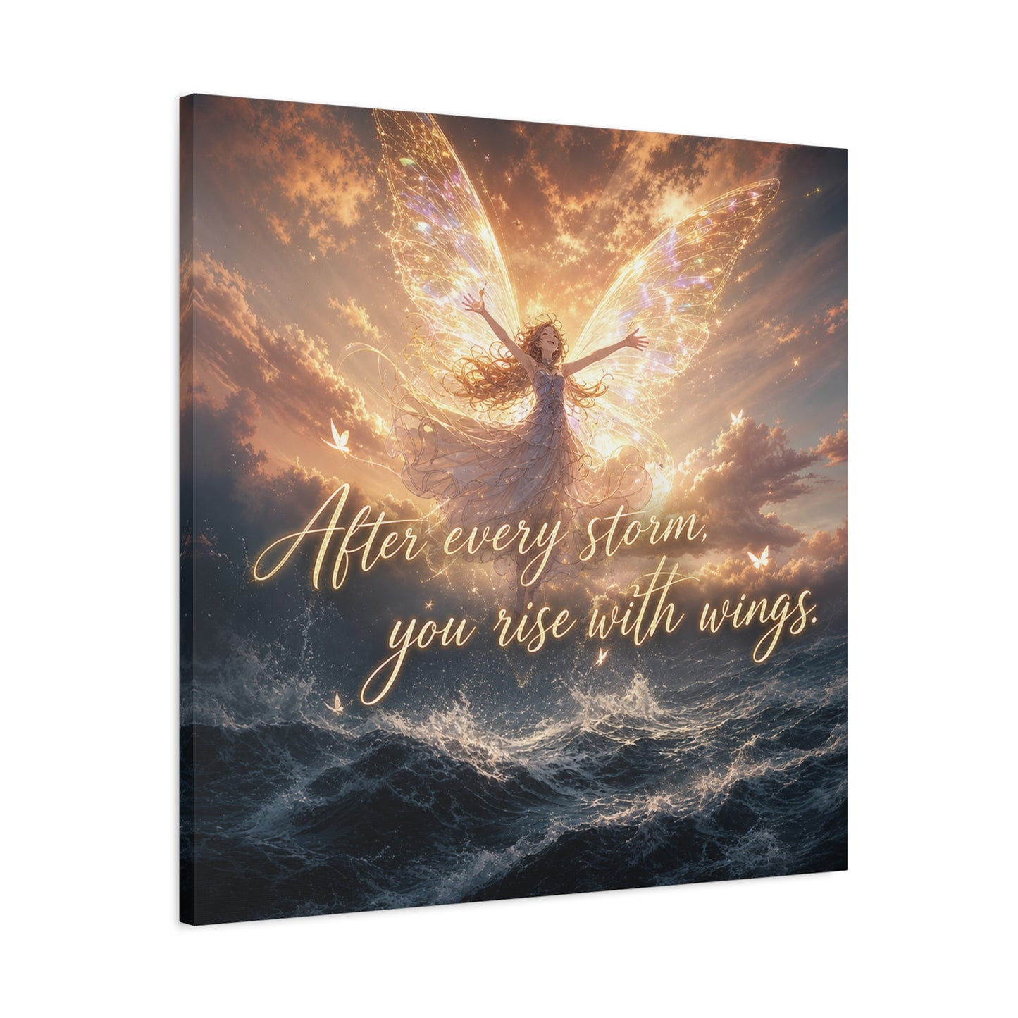 "After Every Storm, You Rise With Wings." Fairy Canvas Wall Art - Inspirational Ocean Sky Quote Print - Golden Ethereal Fantasy Decor - Bedroom Wall Hanging, Living Room Accent - Ready to Hang
