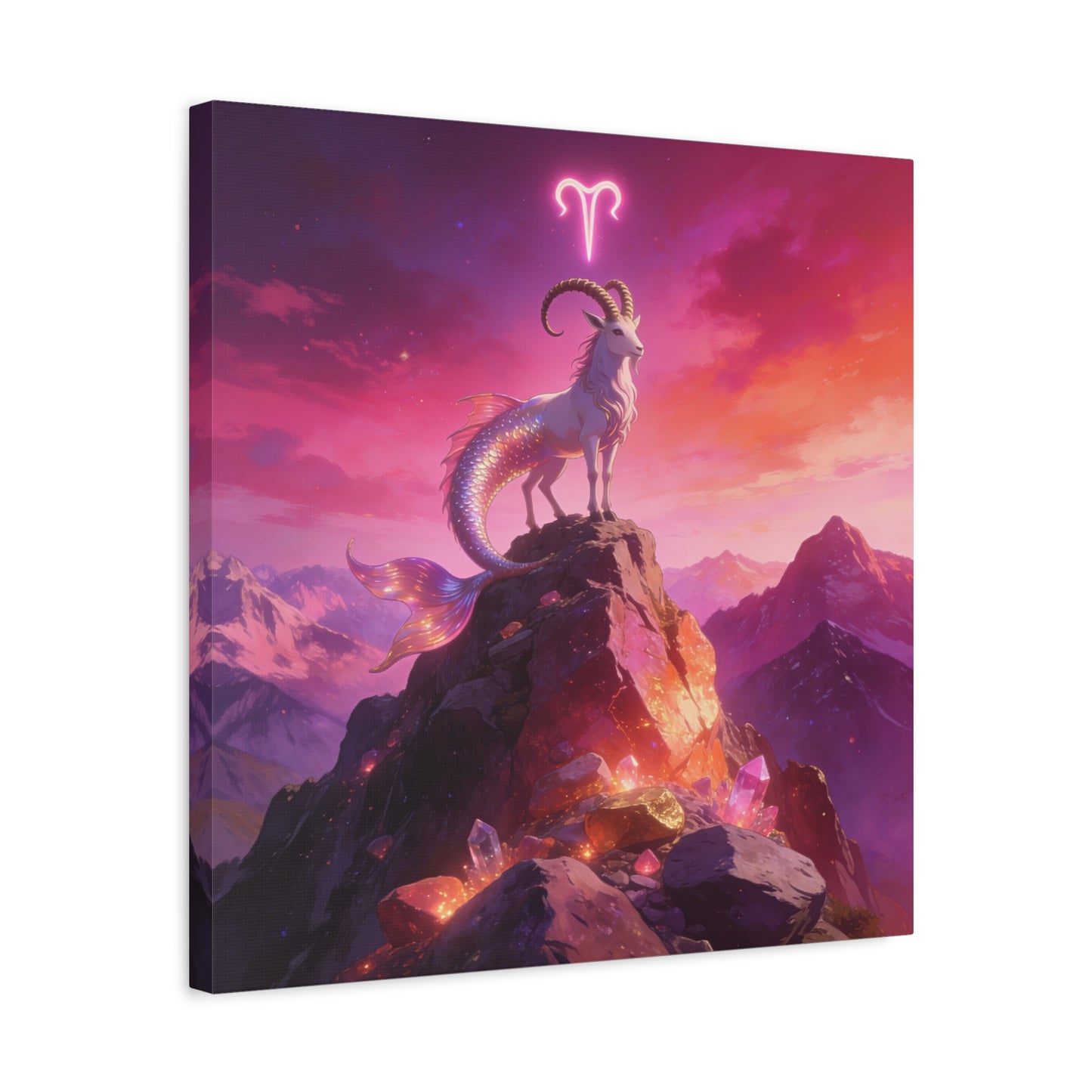 Aries Zodiac Mermaid Goat Canvas Wall Art - Fantasy Mountain Crystal Scene - Pink Purple Celestial Illustration - Modern Mystical Decor, Bedroom Home Decoration, Office Wall Art - Ready to Hang