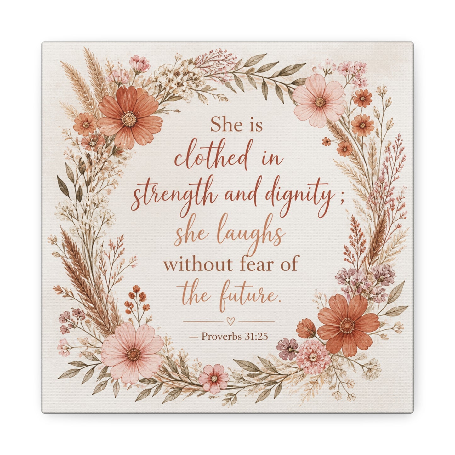 "She Is Clothed In Strength And Dignity" Floral Canvas Wall Art - Proverbs 31:25 Scripture Quote, Blush Wildflower Wreath, Farmhouse Style, Bedroom Wall Decor - Bedroom Home Decoration - Ready to Hang