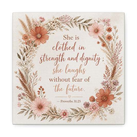 "She Is Clothed In Strength And Dignity" Floral Canvas Wall Art - Proverbs 31:25 Scripture Quote, Blush Wildflower Wreath, Farmhouse Style, Bedroom Wall Decor - Bedroom Home Decoration - Ready to Hang