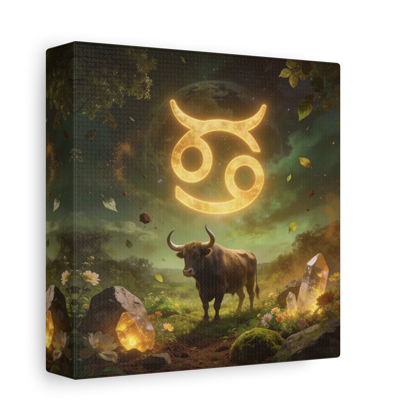 Cancer Zodiac Canvas Wall Art - Glowing Astrology Symbol, Bull And Crystal Fantasy Scene - Celestial Green Gold Illustration - Bedroom Home Decoration, Meditation Space Accent - Living Room Wall Decor