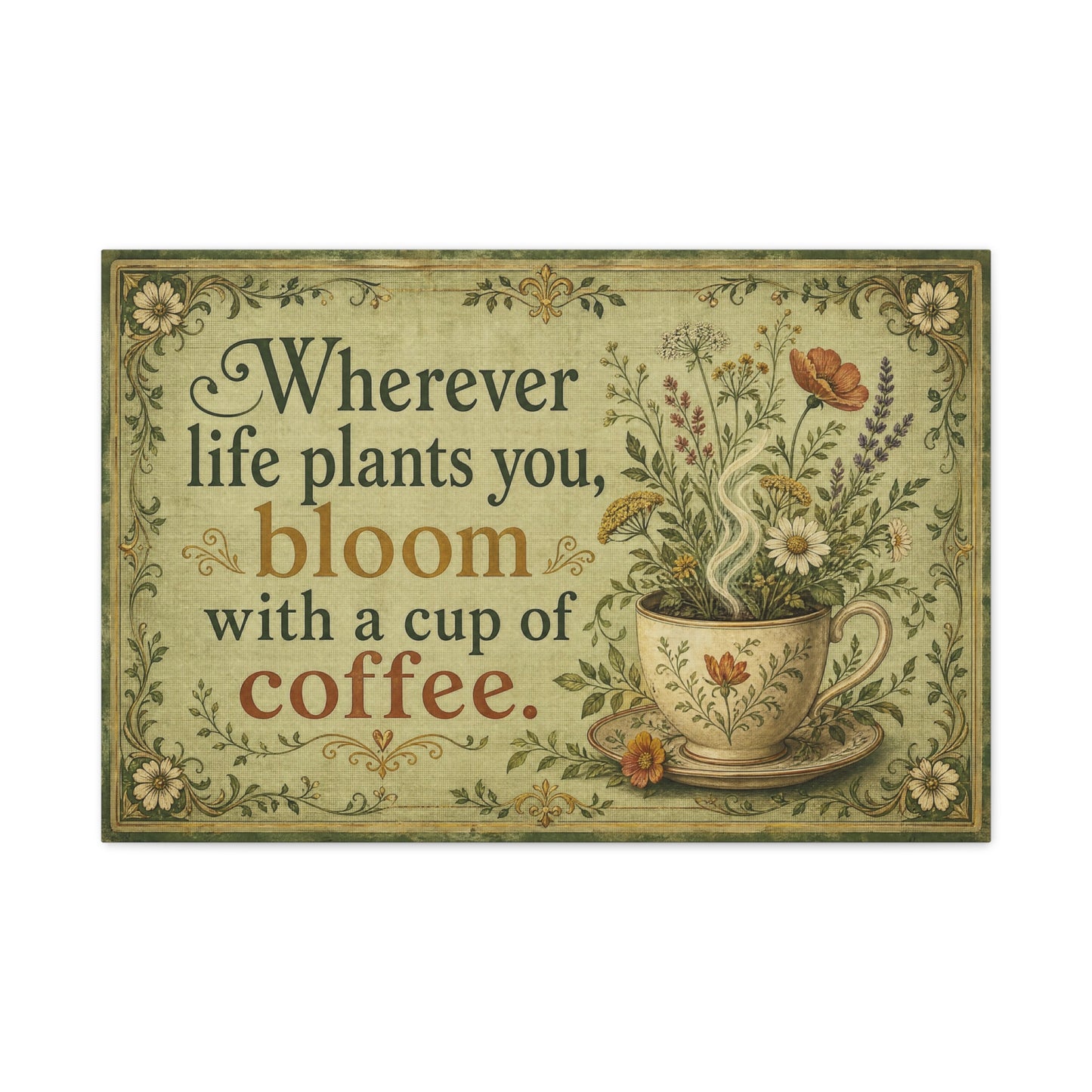 "Wherever Life Plants You, Bloom With A Cup Of Coffee." Canvas Wall Art - Vintage Floral Coffee Quote Print, Farmhouse Decor - Office Wall Art - Bistro Decor - Espresso Bar Sign - Ready to Hang