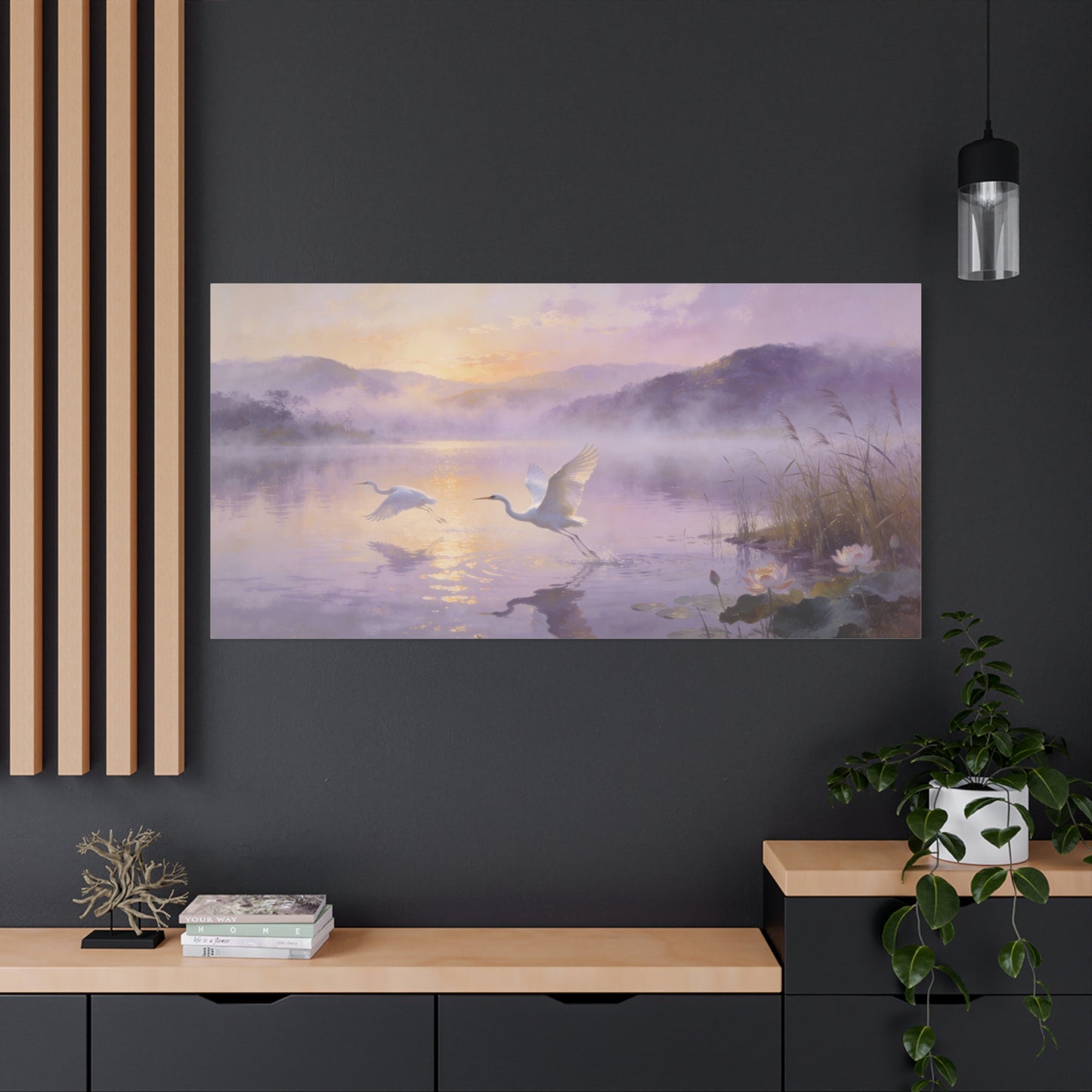 White Egret Canvas Wall Art - Misty Lake Sunrise Birds, Lotus Water Scene - Serene Impressionist Canvas Print - Bedroom Wall Decor, Living Room Home Decoration - Bedroom Home Decoration