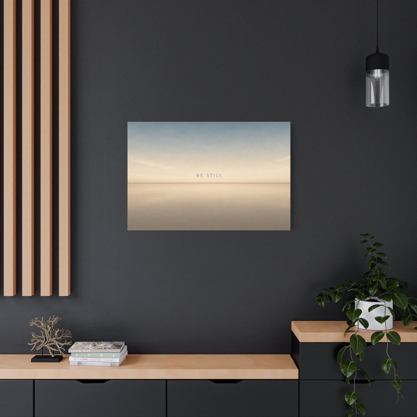 "Be Still" Minimalist Canvas Wall Art - Serene Horizon Typography Print, Neutral Blue Beige Coastal Style - Bedroom Wall Decor, Meditation Space Home Decoration - Ready to Hang - Cozy Reading Nook Art