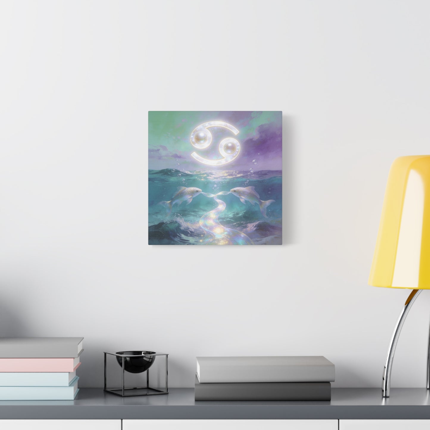 Cancer Zodiac Canvas Wall Art - Two Pearl Fish Ocean Illustration, Celestial Astrology Decor - Iridescent Matte Canvas Print - Mystical Coastal Style For Bedroom Living Room - Living Room Wall Decor