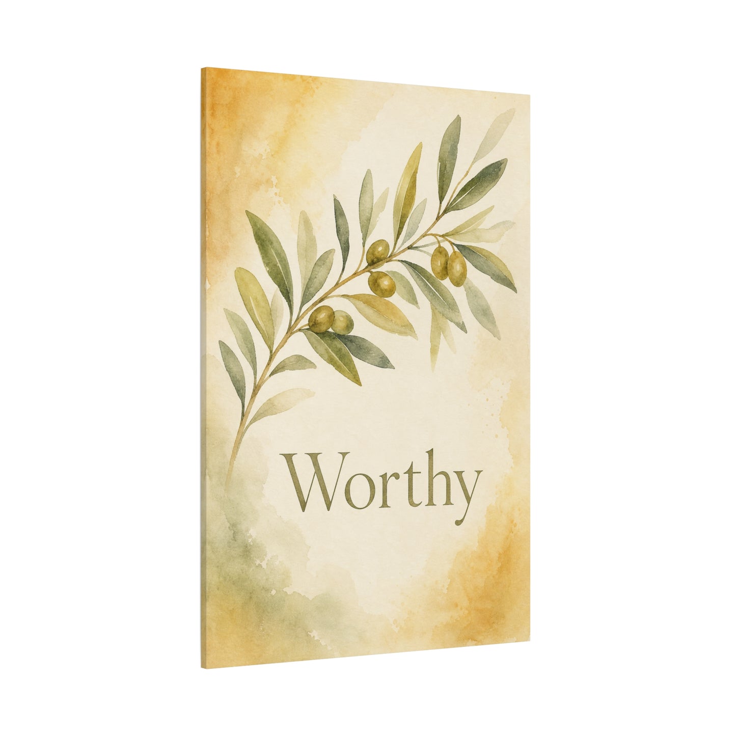 "Worthy" Olive Branch Canvas Wall Art - Botanical Inspirational Wall Decor - Watercolor Sage Gold Canvas Print - Bedroom Living Room Decoration - Ready to Hang - Bedroom Home Decoration