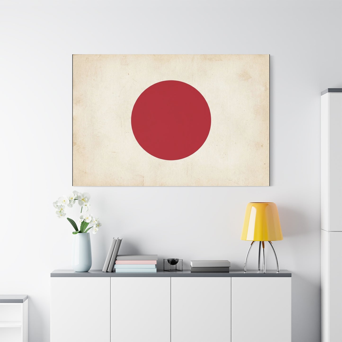 Japan Flag Canvas Wall Art - Minimalist Red Sun Graphic Print, Vintage Neutral Background - Matte Cotton Artwork - Modern Living Room Wall Decor, Office Art, Dorm Accent - Bedroom Home Decoration