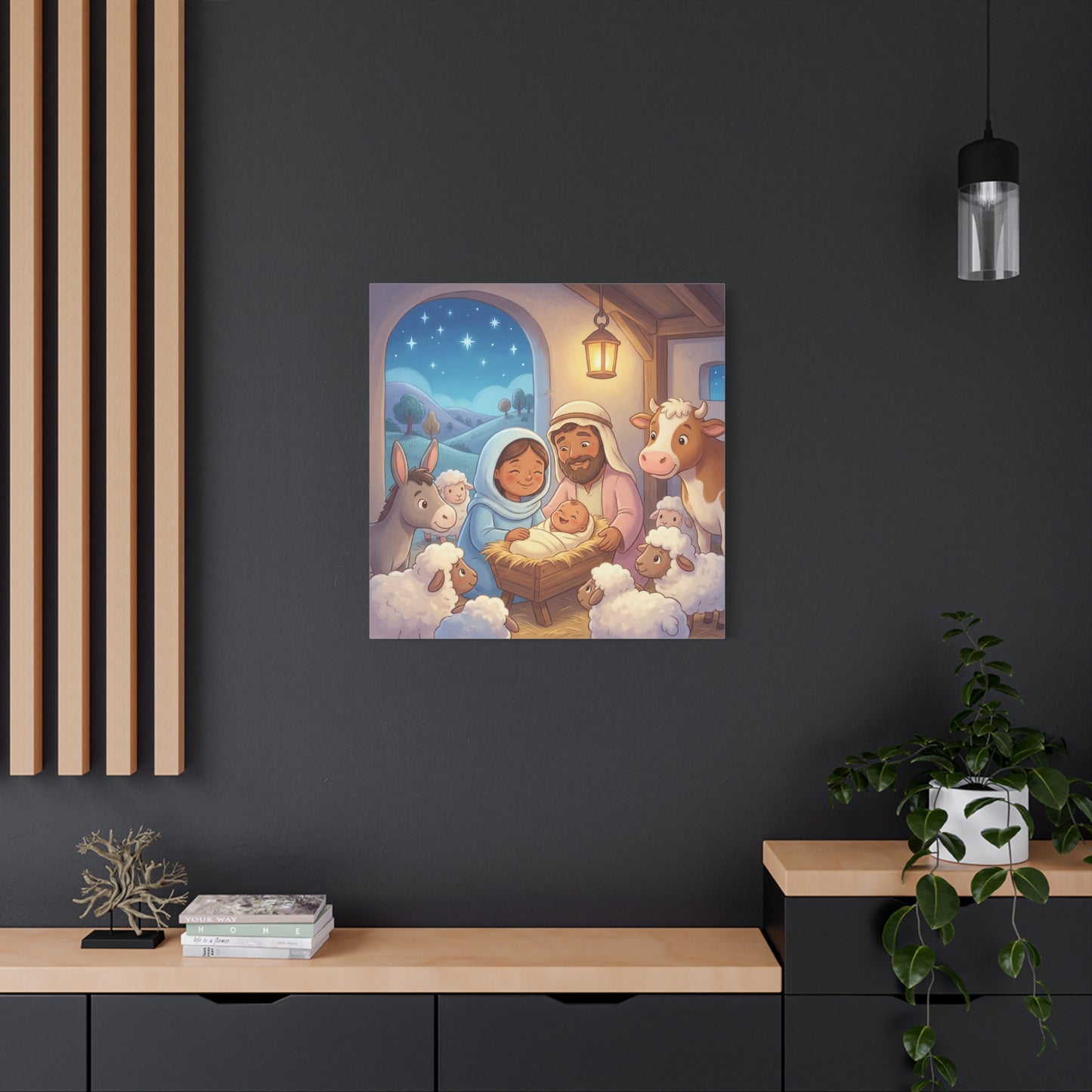 Holy Family Nativity Canvas Wall Art - Baby Jesus, Mary And Joseph Nursery Decor - Starry Stable Christian Home Decoration - Matte Canvas Print For Bedroom, Living Room - Ready to Hang - Ready to Hang