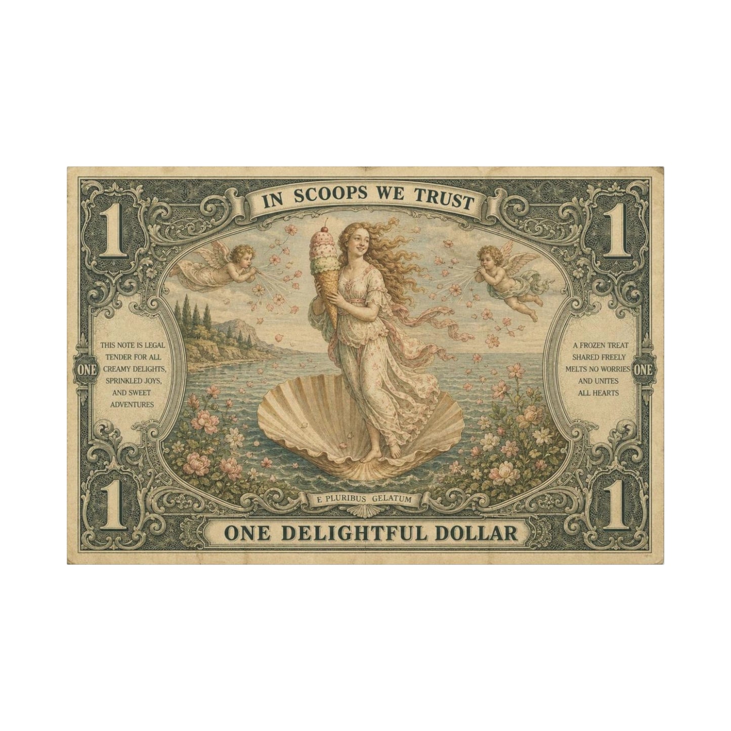 "In Scoops We Trust" Ice Cream Venus Canvas Wall Art - Vintage Parody Currency Print, Mythological Seaside Illustration, Whimsical Retro Decor, Living Room Bedroom Office Accent - Office Wall Art