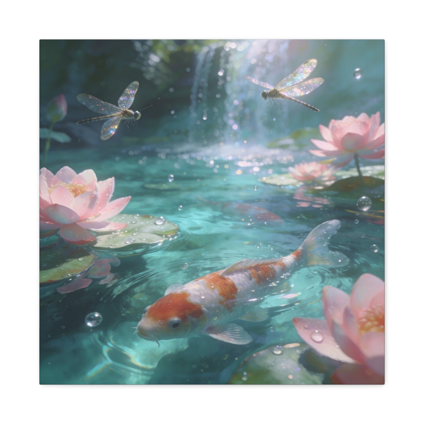 Koi Fish Lotus Canvas Wall Art - Dragonflies Over Teal Pond Water, Pink Water Lily Floral Scene - Dreamy Matte Canvas Print - Bedroom Wall Decor, Living Room Home Accent - Bedroom Home Decoration