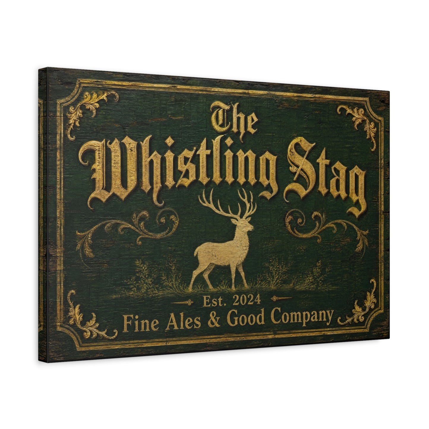 "The Whistling Stag" Canvas Wall Art - Vintage Deer Tavern Sign, Rustic Typography Print - Woodland Pub Style, Green And Gold - Bar Cart Accent - Ready to Hang - Pub Wall Art - Cocktail Lounge Decor