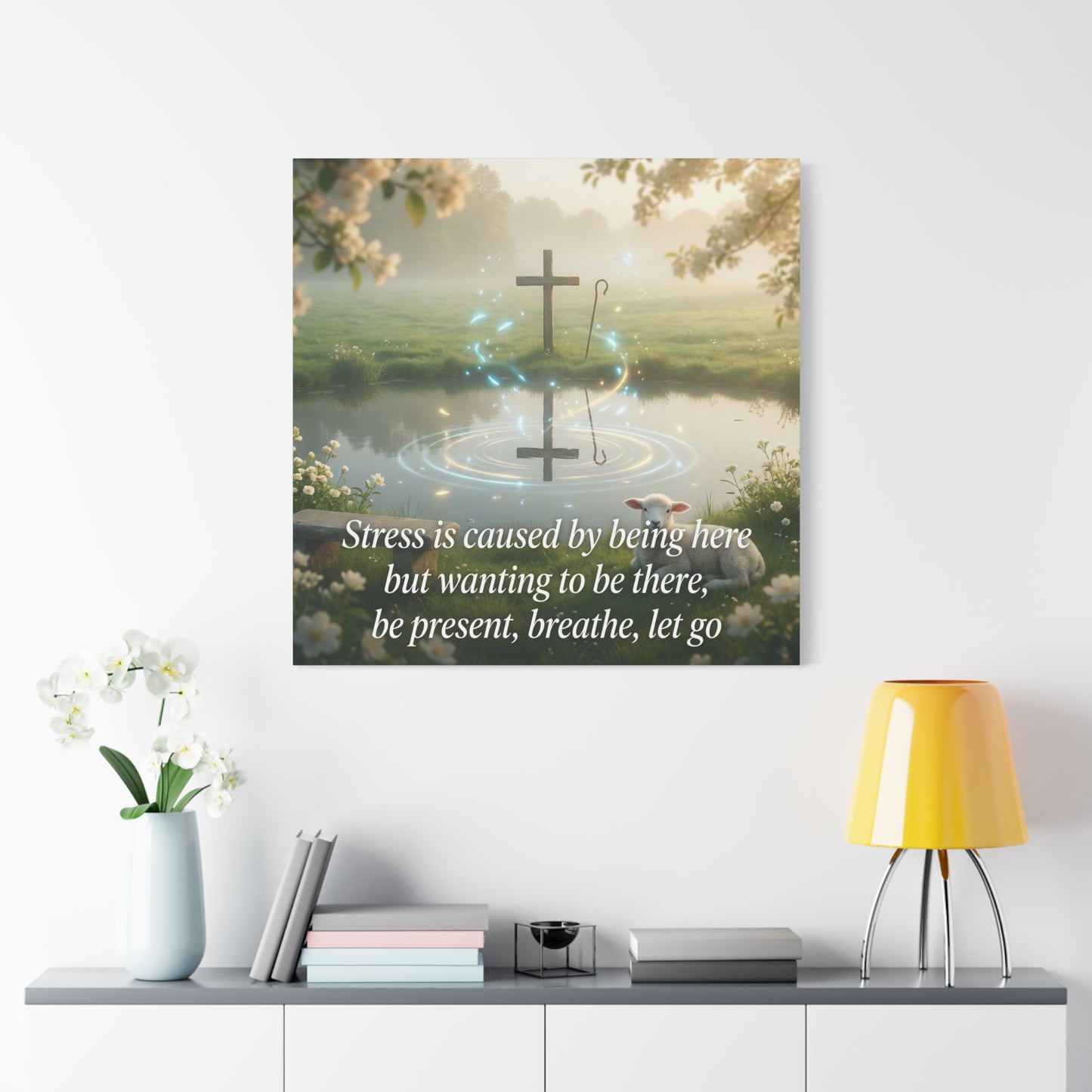"Stress is caused by being here but wanting to be there, be present, breathe, let go" Cross Canvas Wall Art - Christian Inspirational Pond Scene - Traditional Style - Bedroom Wall Decor
