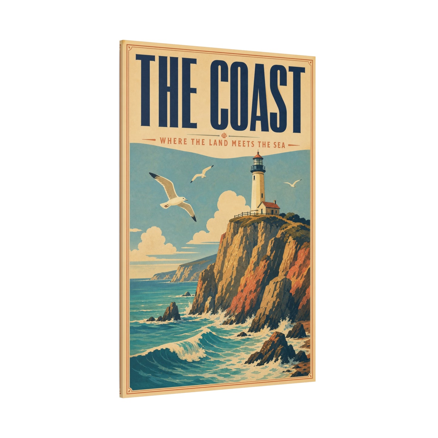 "The Coast Where The Land Meets The Sea" Canvas Wall Art - Vintage Lighthouse Seascape, Coastal Cliff Poster Style Print - Nautical Wall Decor, Beach House Living Room Decoration - Ready to Hang