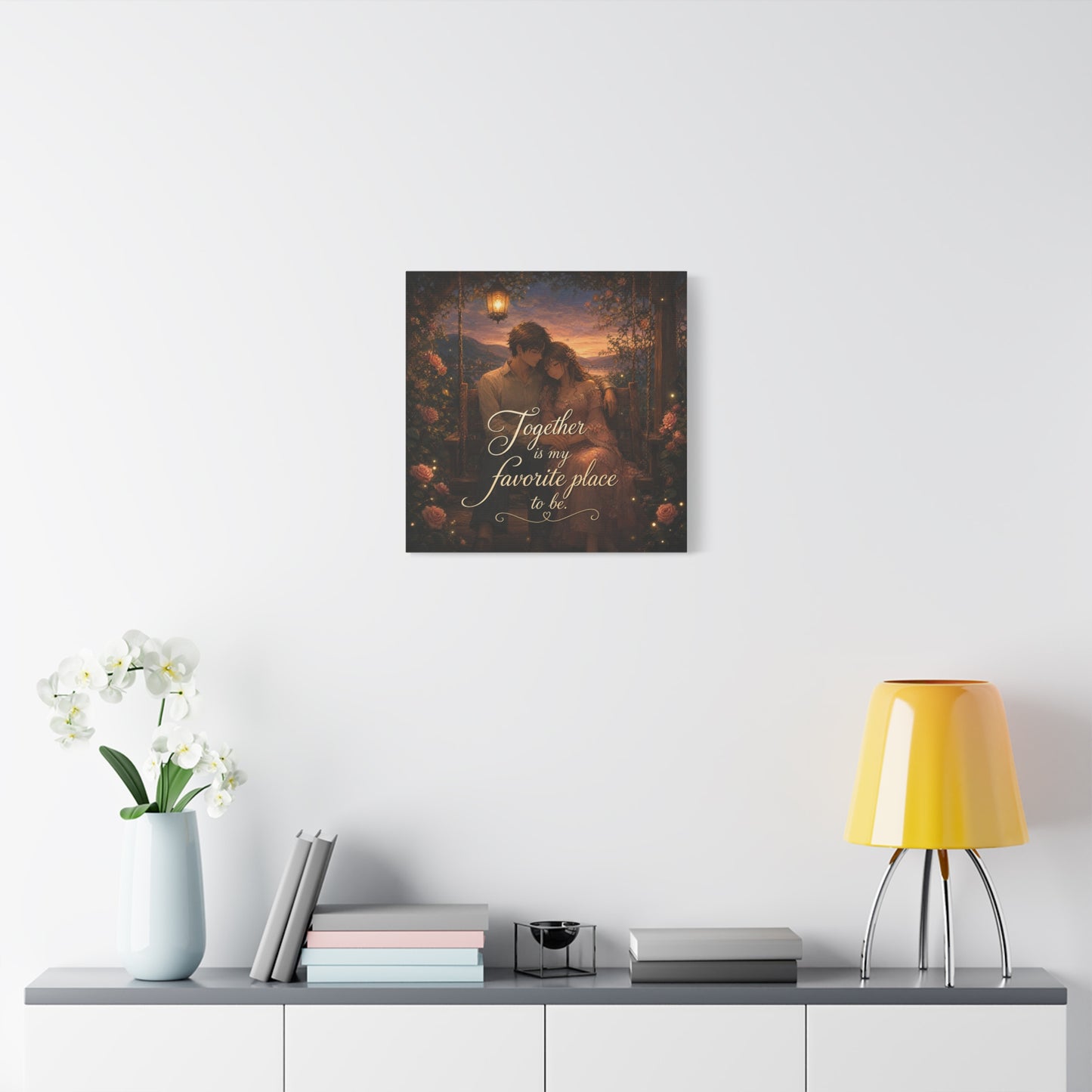 "Together Is My Favorite Place To Be" Romantic Couple Canvas Wall Art - Lantern Swing Sunset Lake Scene, Floral Garden Love Quote Print - Vintage Bedroom Decor - Office Wall Art - Ready to Hang
