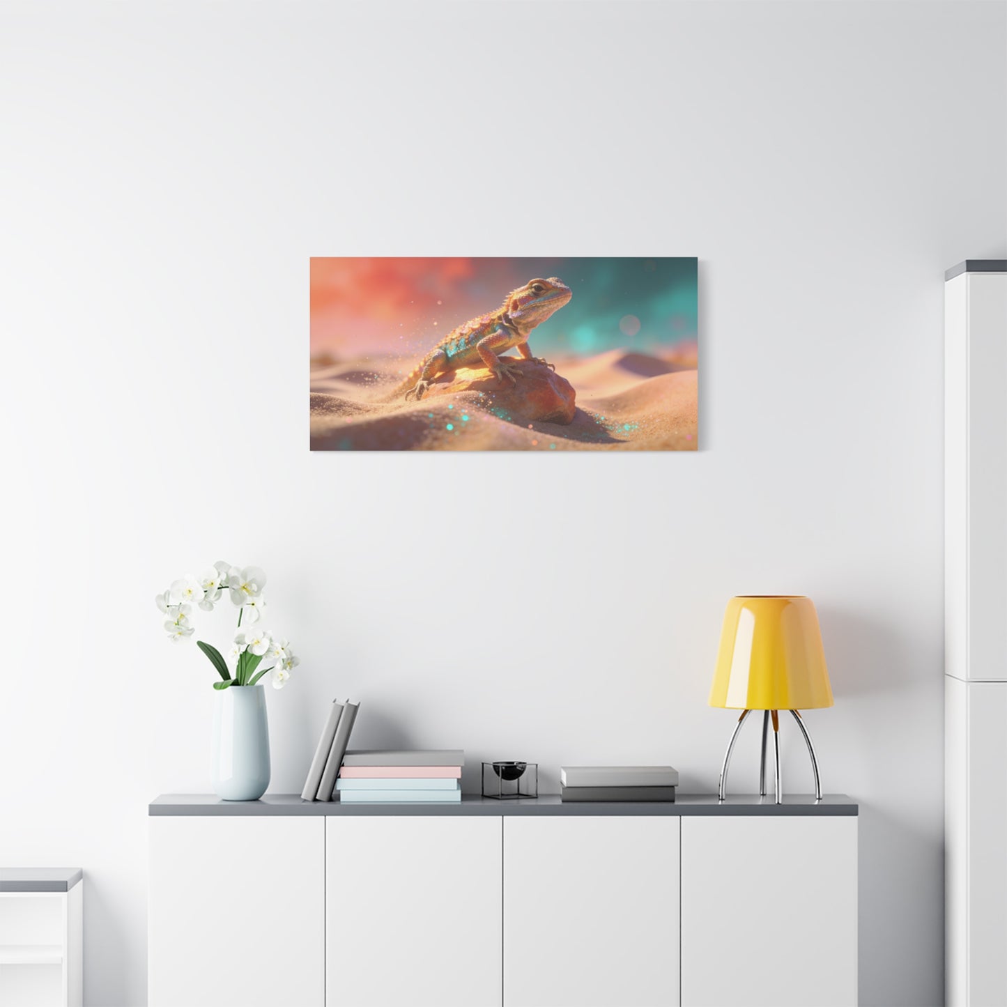 Colorful Desert Lizard Canvas Wall Art - Dreamy Wildlife Illustration, Matte Finish Canvas Print - Contemporary Fantasy Style - Living Room Wall Decor, Bedroom Home Decoration - Modern Farmhouse Style