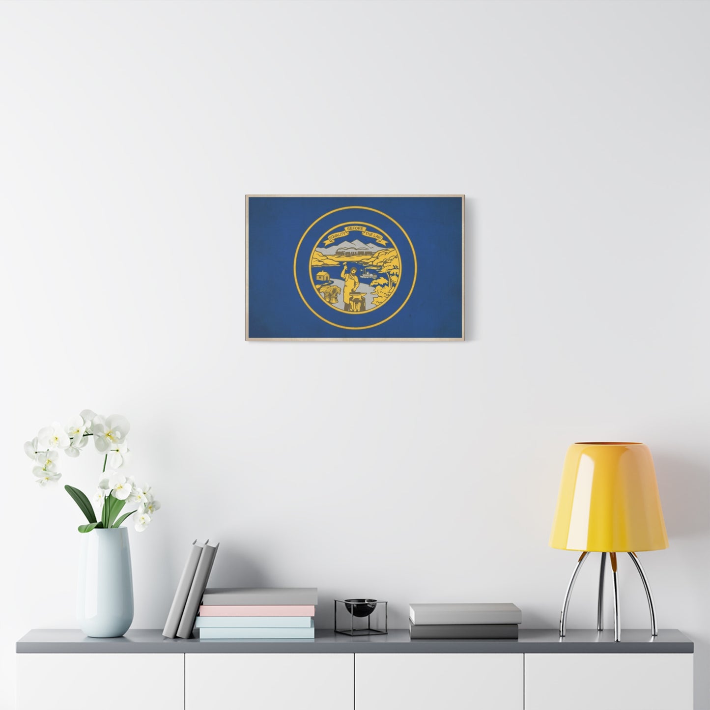 "Equality Before The Law" Kansas State Flag Canvas Wall Art - Blue Gold Sunflower State Seal Print - Vintage Americana Style, Living Room Wall Decor, Office Home Decoration - Bedroom Home Decoration
