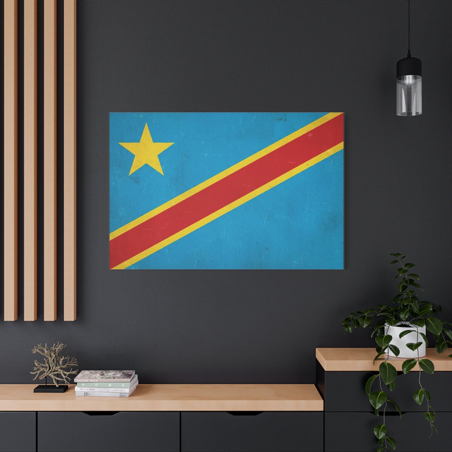 Democratic Republic Of The Congo Flag Canvas Wall Art - Vintage Patriotic Country Print, Distressed Blue Red Yellow Design - Cultural Pride Decor - Living Room Bedroom Office Accent - Office Wall Art
